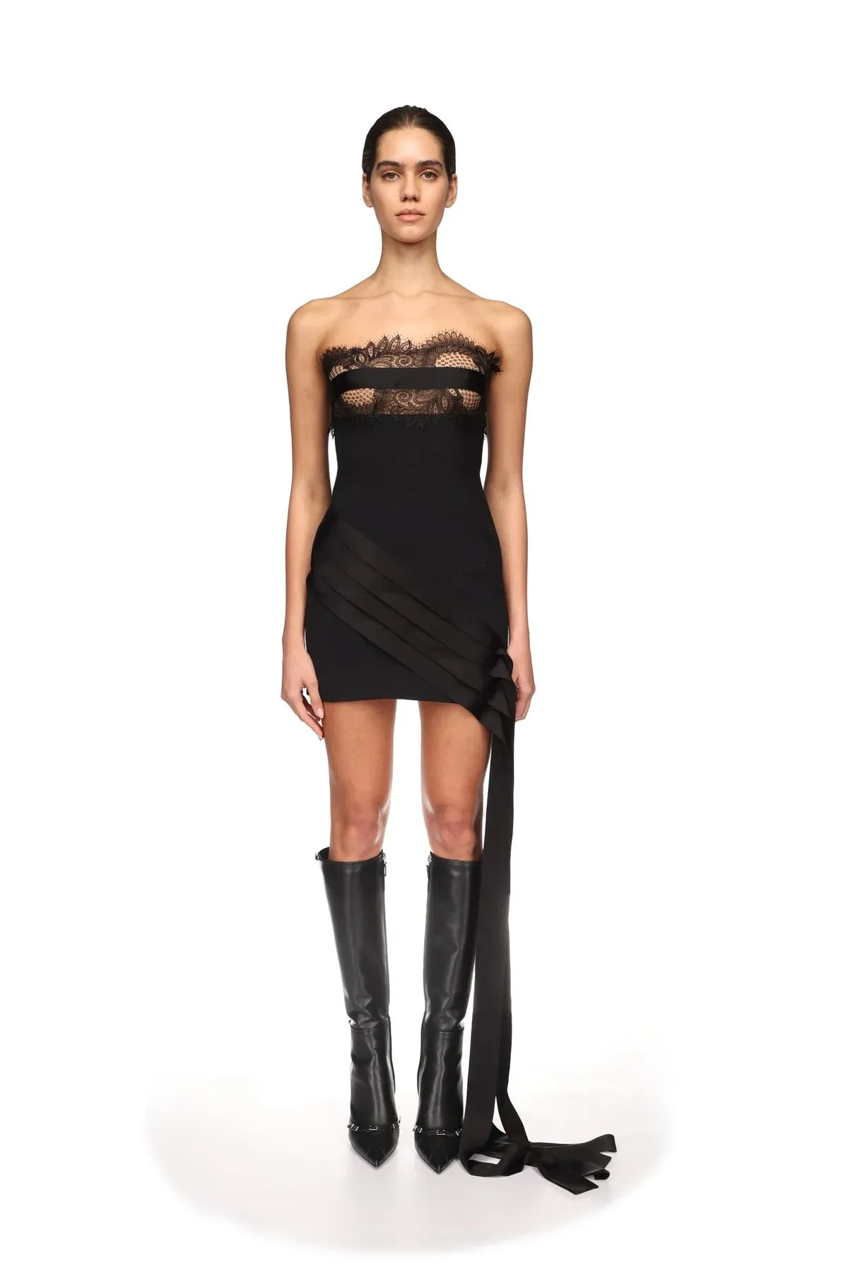 PF24DK02D Lace bra detail pleat hem dress