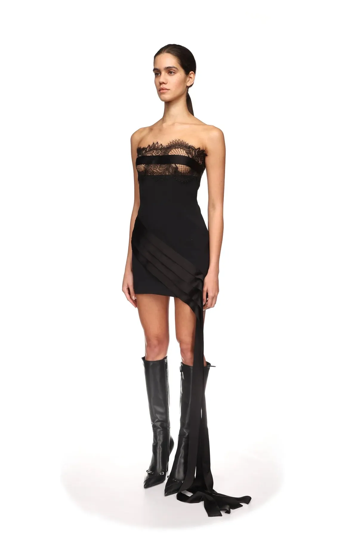 PF24DK02D Lace bra detail pleat hem dress