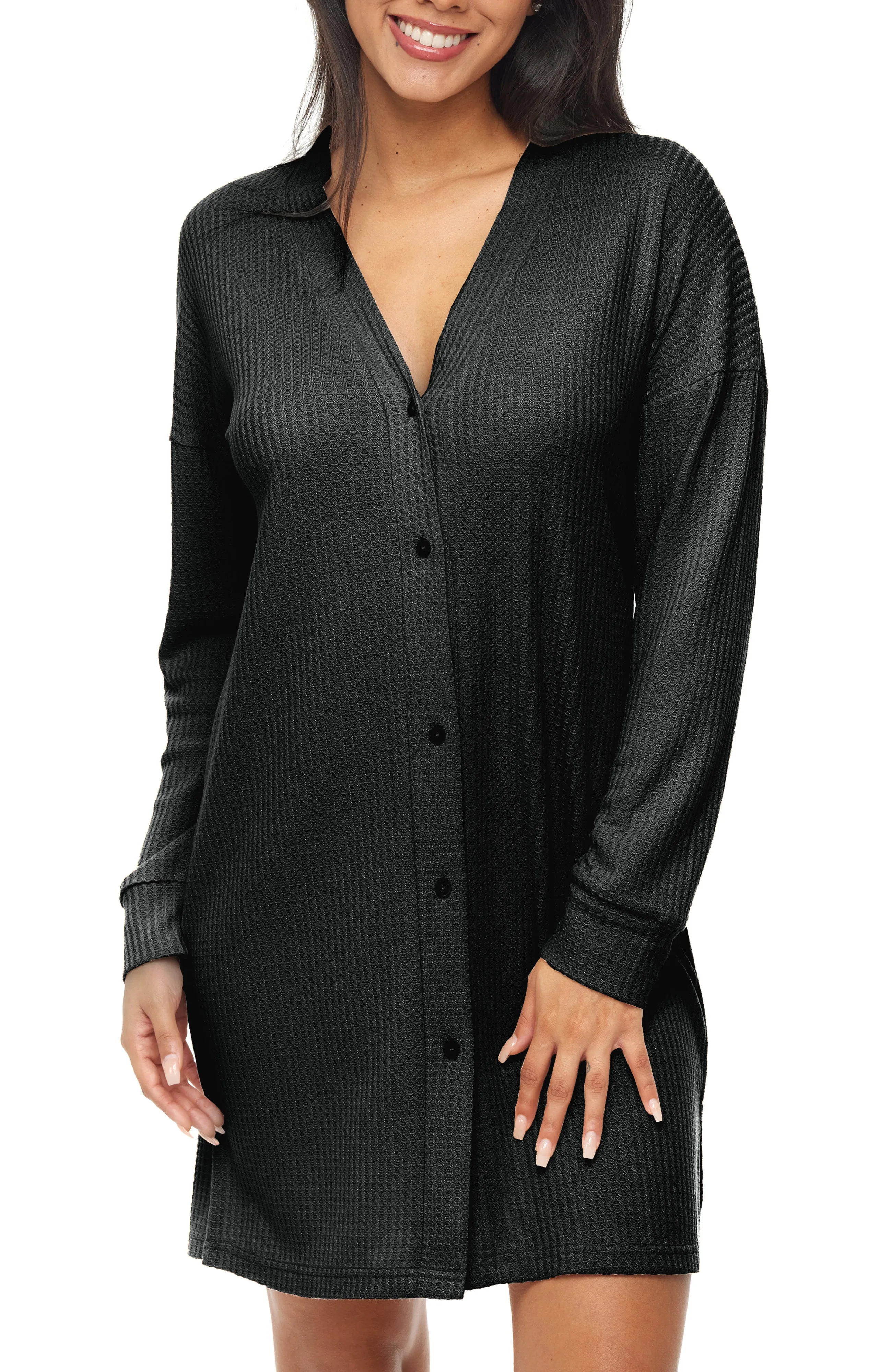 Women's Long Sleeve Knit Nightshirt, Button Up V-neck Sleepshirt, Pajama Top
