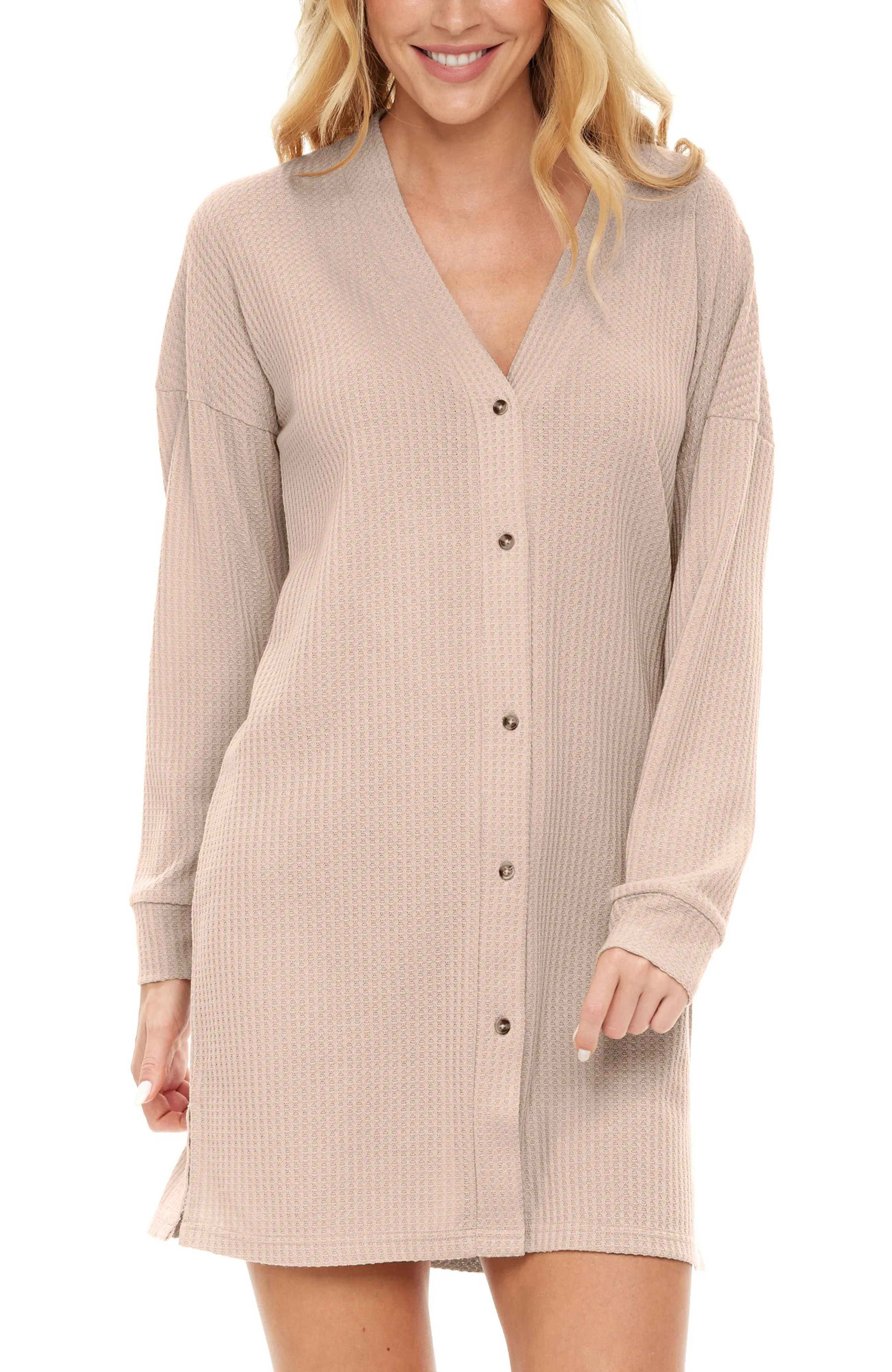 Women's Long Sleeve Knit Nightshirt, Button Up V-neck Sleepshirt, Pajama Top
