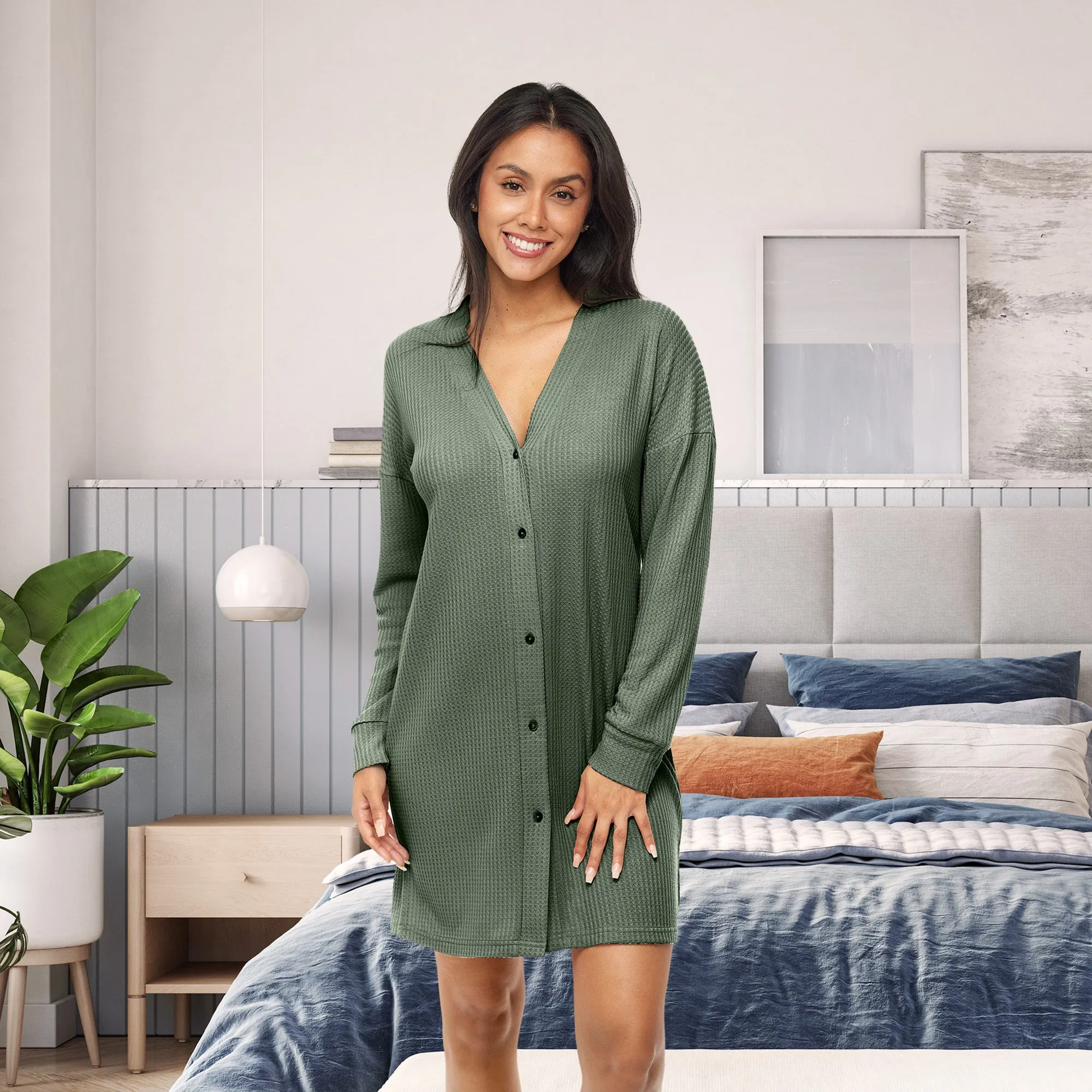 Women's Long Sleeve Knit Nightshirt, Button Up V-neck Sleepshirt, Pajama Top