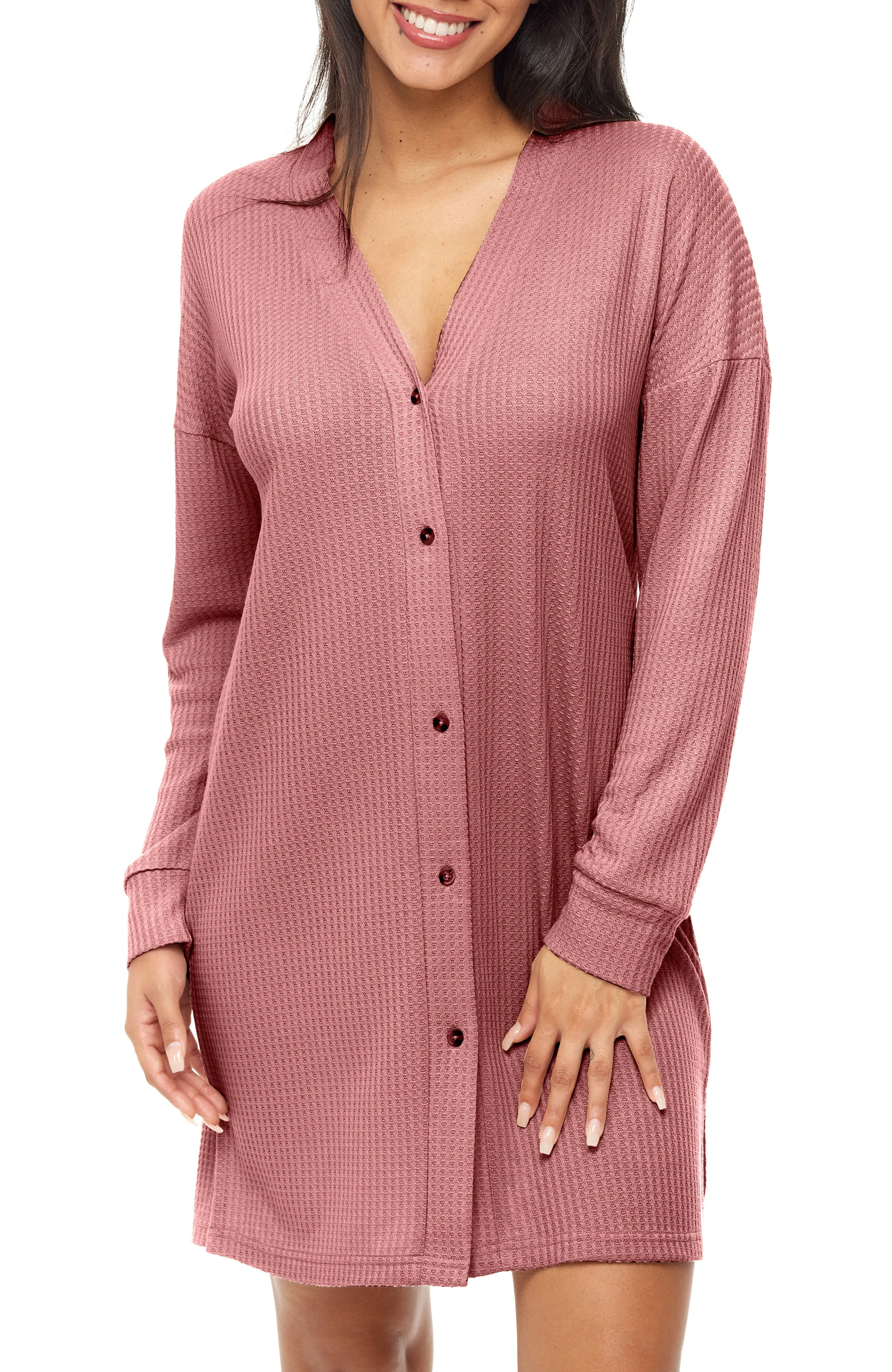 Women's Long Sleeve Knit Nightshirt, Button Up V-neck Sleepshirt, Pajama Top