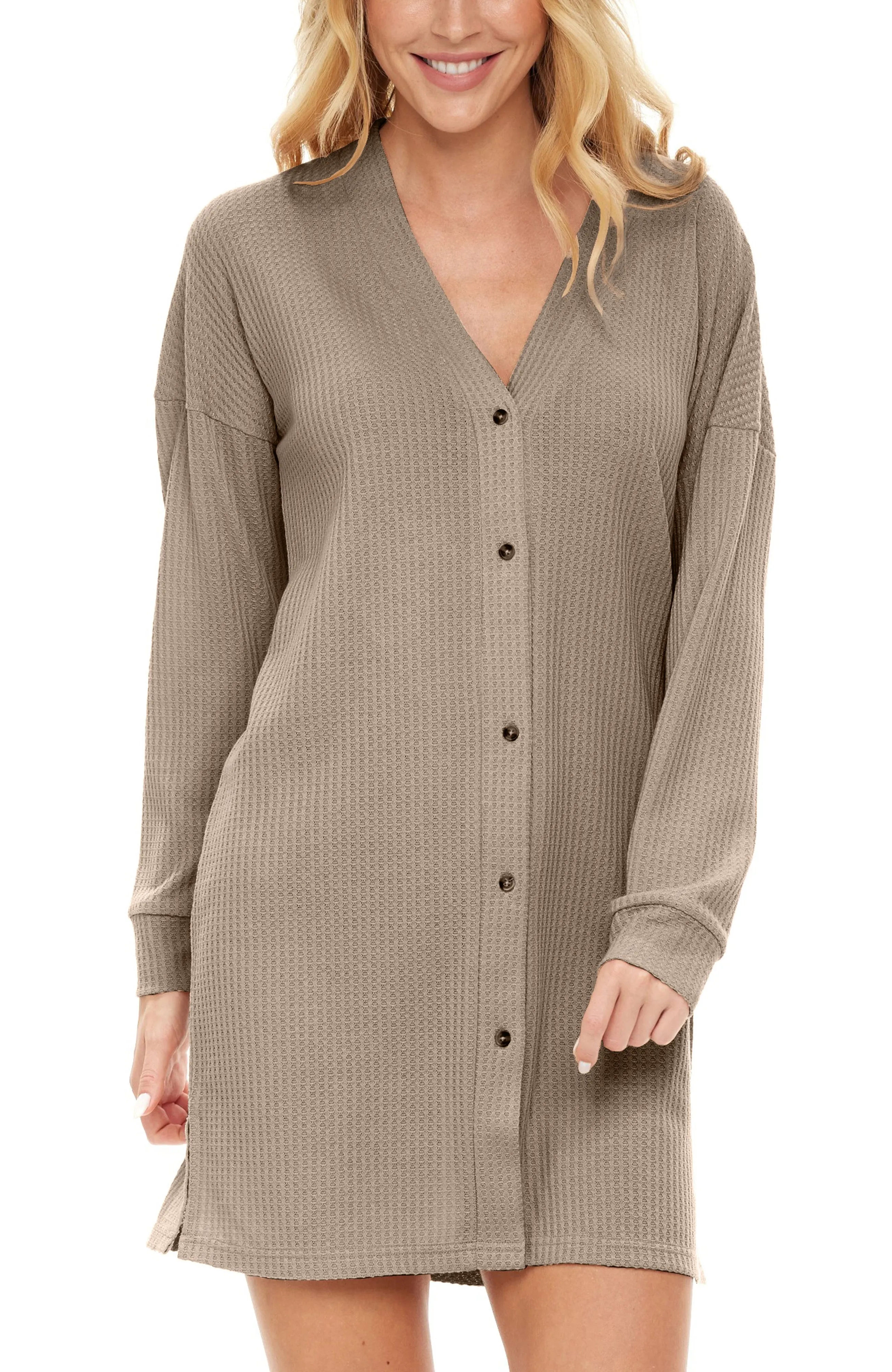 Women's Long Sleeve Knit Nightshirt, Button Up V-neck Sleepshirt, Pajama Top