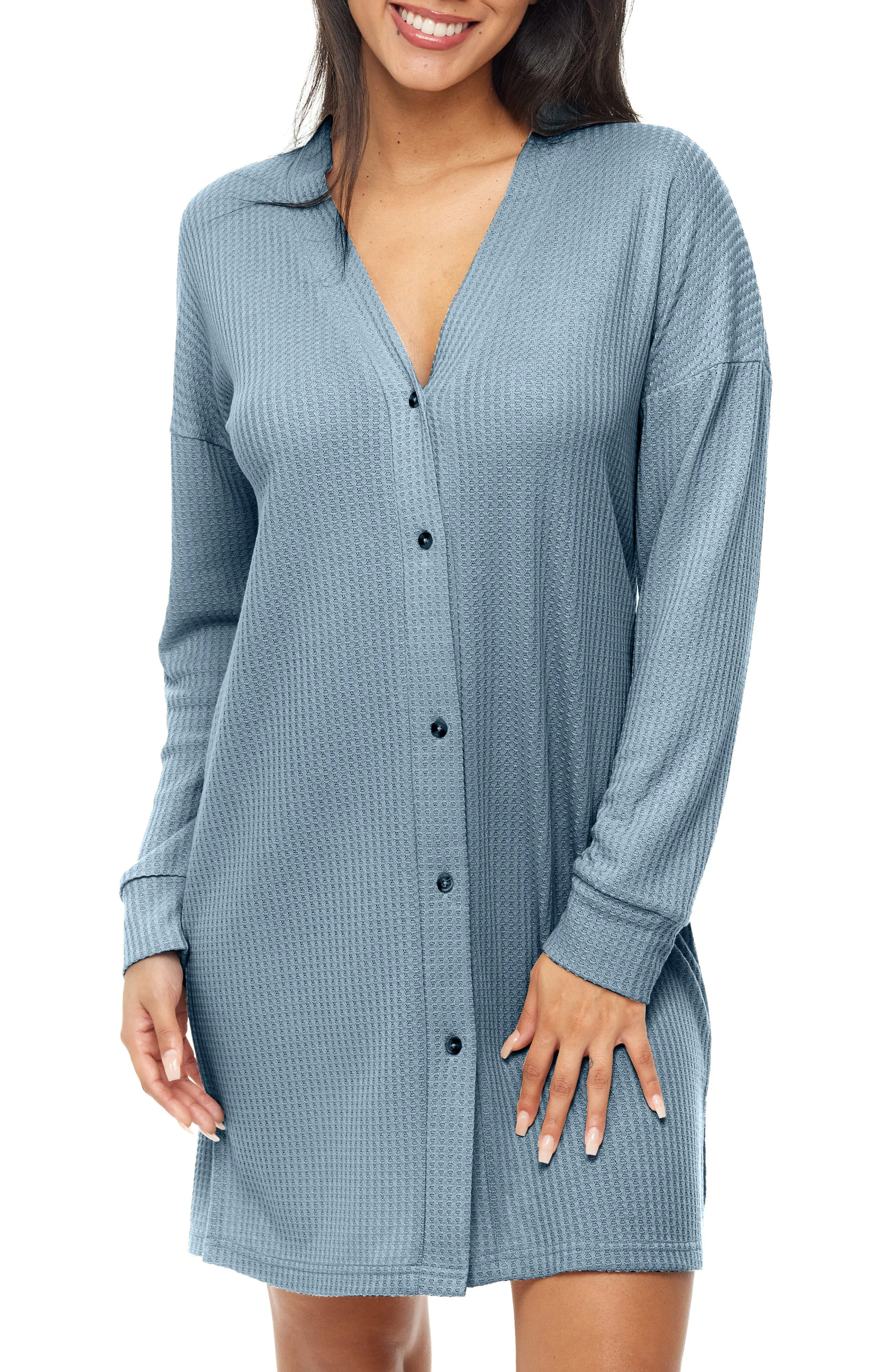 Women's Long Sleeve Knit Nightshirt, Button Up V-neck Sleepshirt, Pajama Top