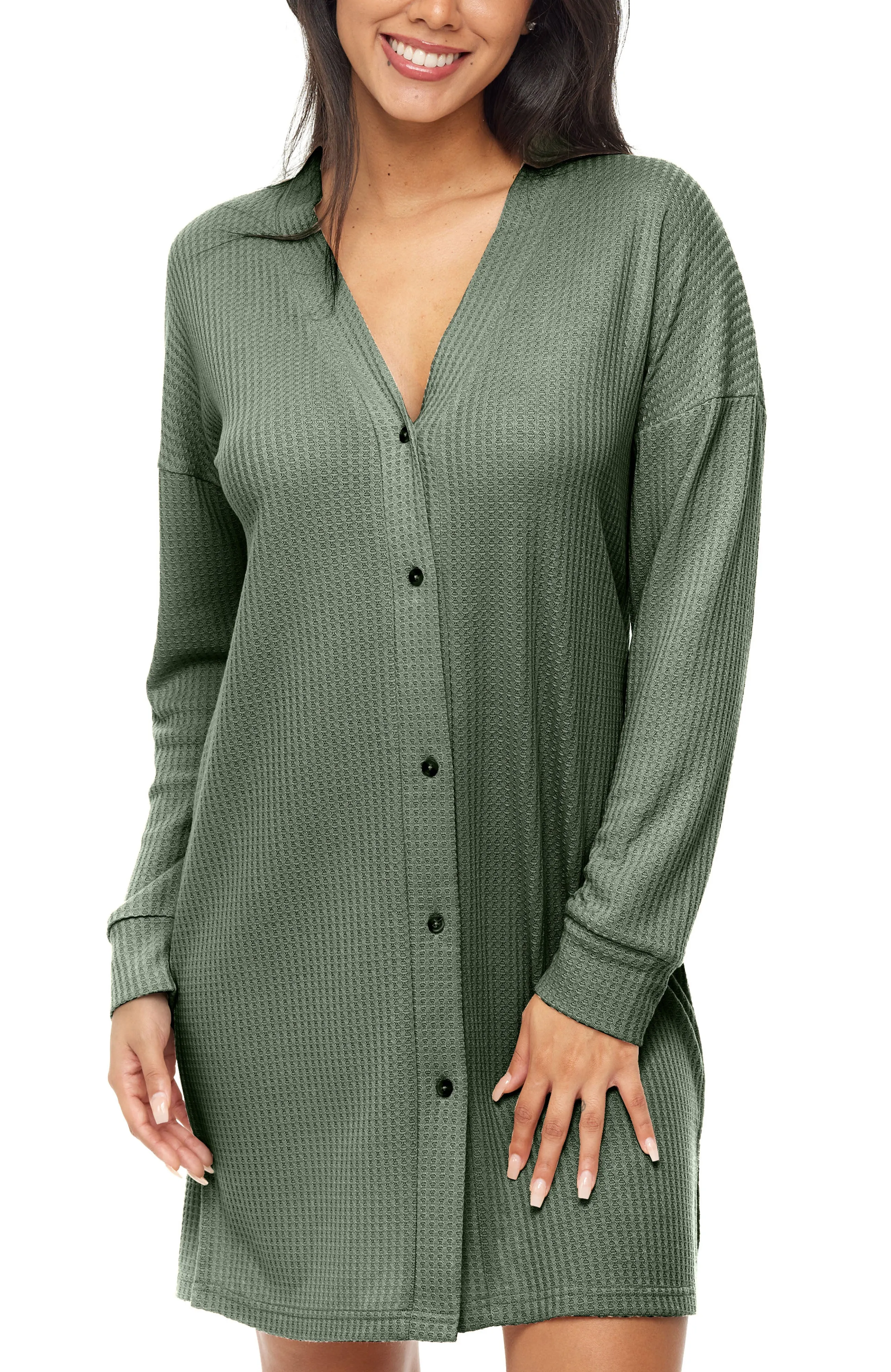 Women's Long Sleeve Knit Nightshirt, Button Up V-neck Sleepshirt, Pajama Top